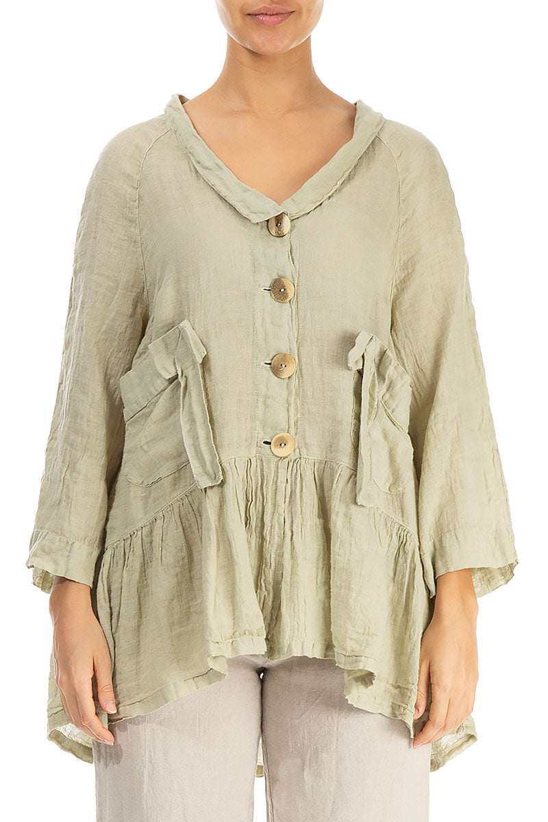 Ruffled Laurel Green Gauze Linen Jacket 1