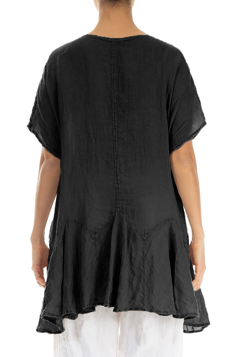 Ruffled Black Gauze Linen Blouse 2