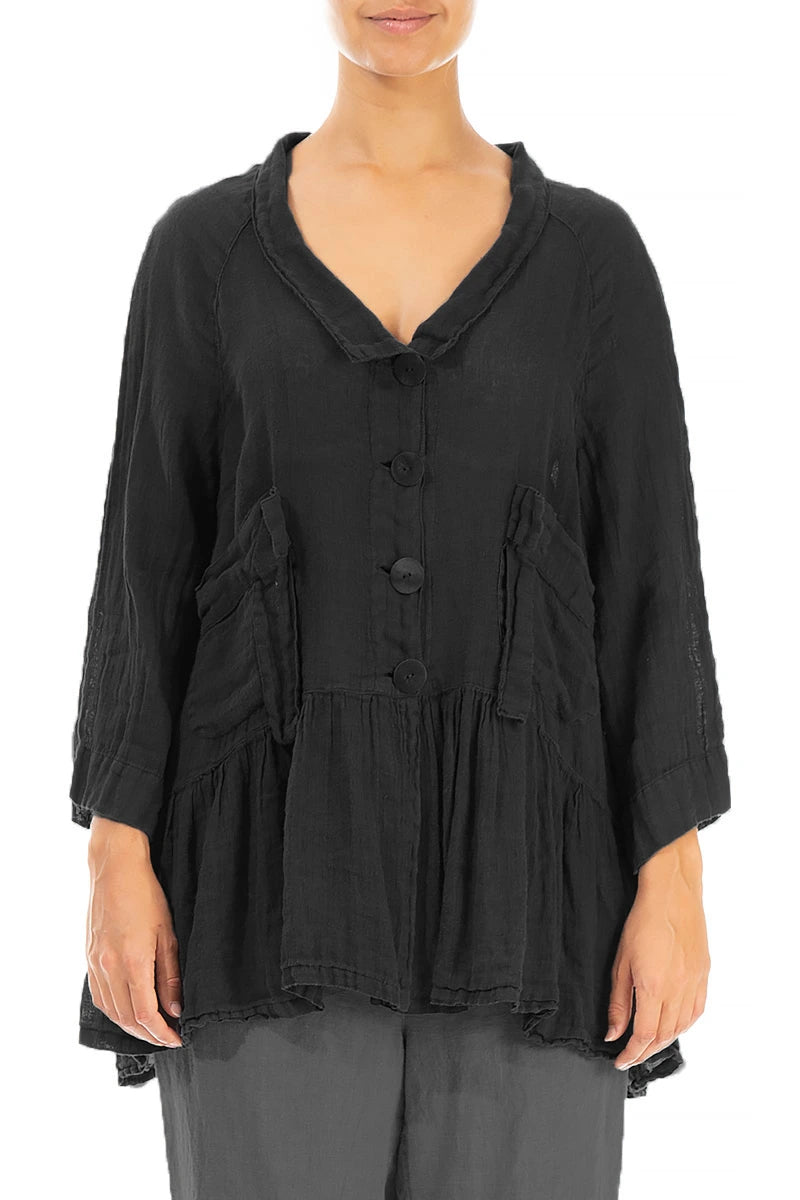 Ruffled Black Gauze Linen Jacket 1