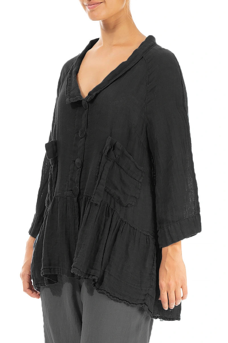 Ruffled Black Gauze Linen Jacket 3