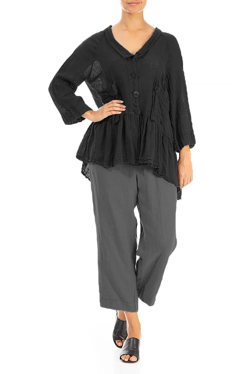 Ruffled Black Gauze Linen Jacket 4