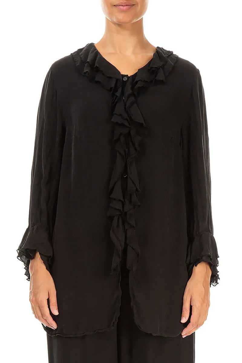 Ruffled Black Pure Silk Blouse 1