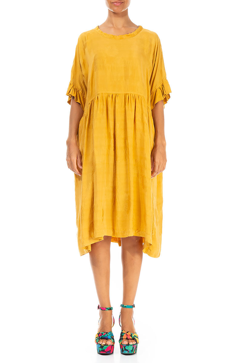 Ruffled Flower Pattern Gold Silk Dress 1