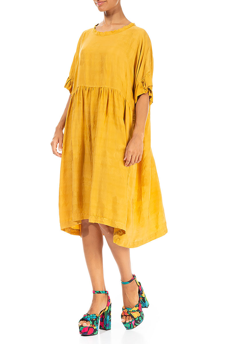 Ruffled Flower Pattern Gold Silk Dress 3