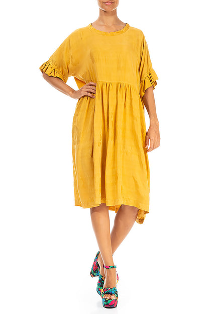Ruffled Flower Pattern Gold Silk Dress 4