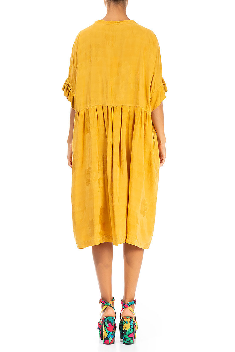 Ruffled Flower Pattern Gold Silk Dress 2