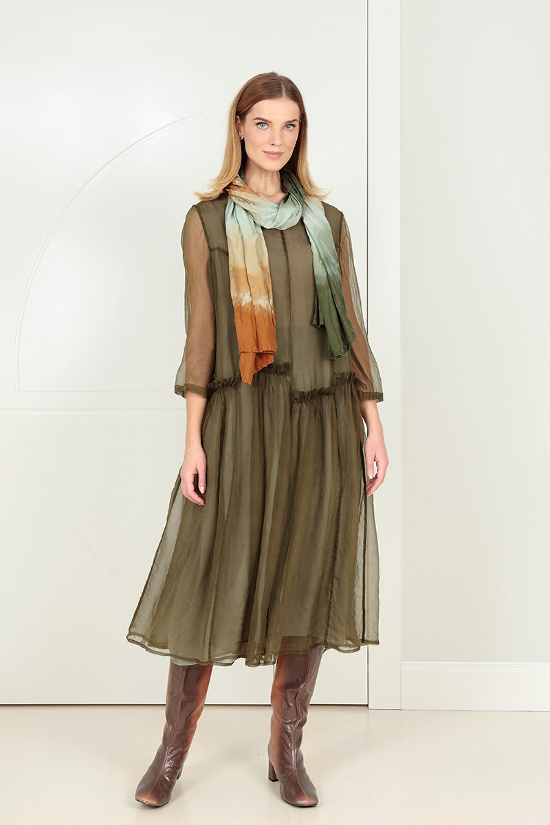 Ruffled Forest Mist Silk Chiffon Dress 1
