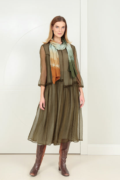 Ruffled Forest Mist Silk Chiffon Dress 1