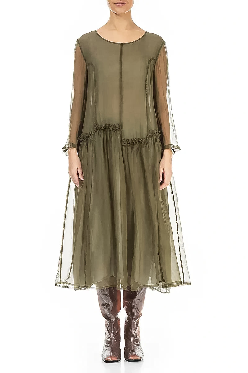 Ruffled Forest Mist Silk Chiffon Dress 2