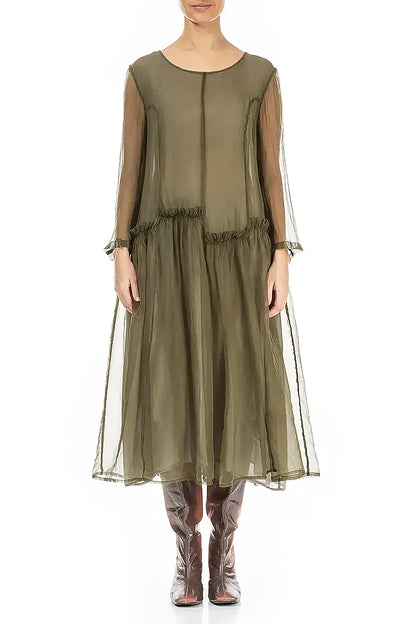 Ruffled Forest Mist Silk Chiffon Dress 2