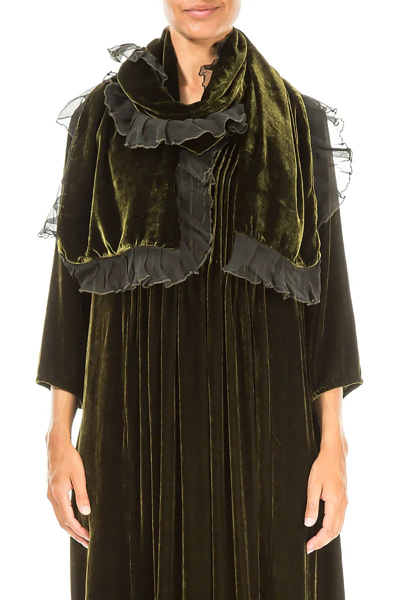 Ruffled Forest Mist Silk Velvet Scarf 1