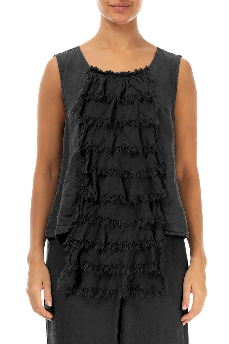 Ruffled Fringed Black Linen Blouse 1