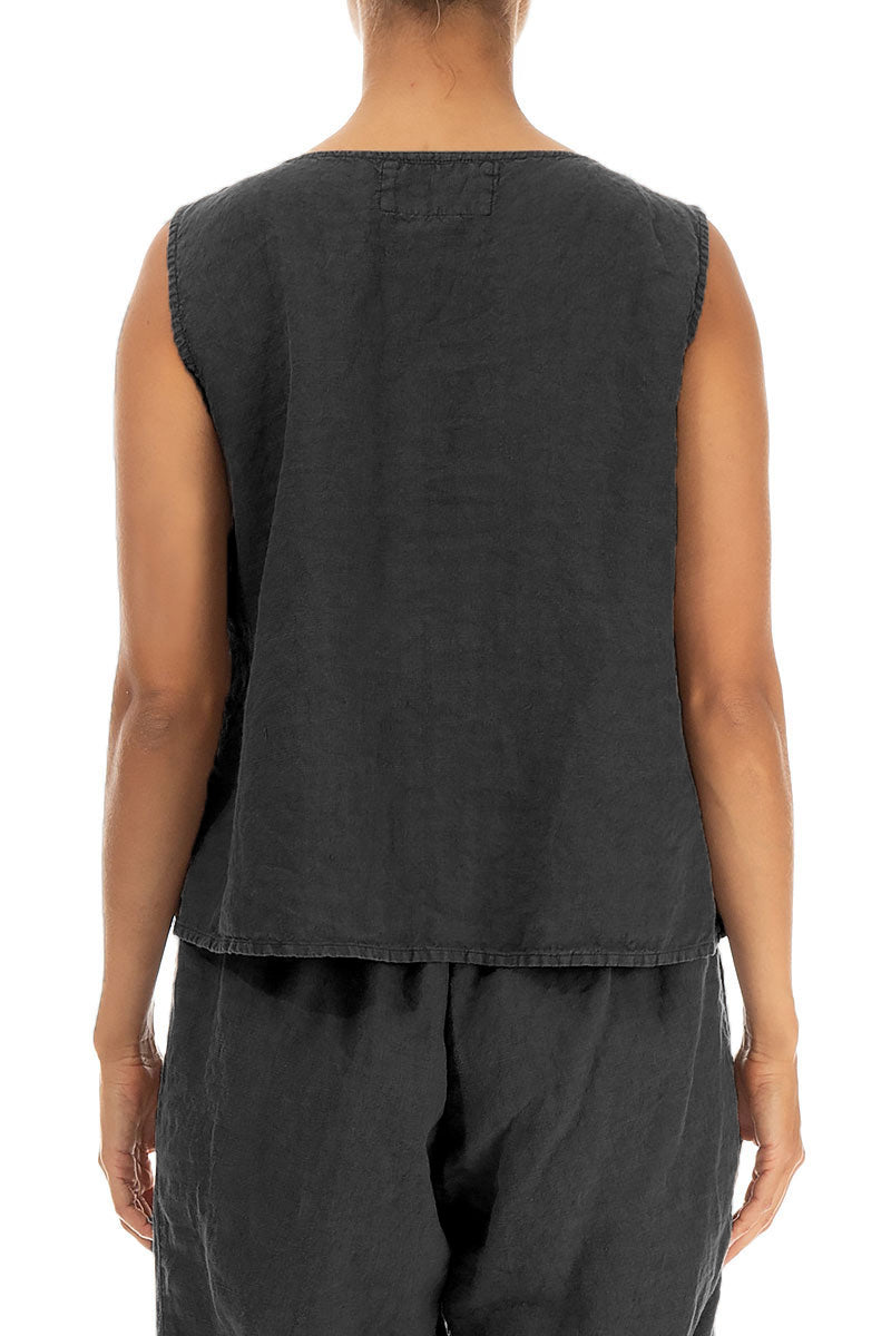 Ruffled Fringed Black Linen Blouse 2