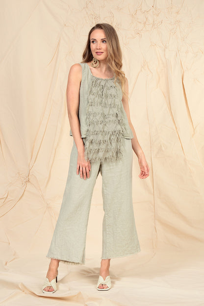 Ruffled Fringed Laurel Green Linen Blouse 6