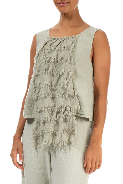 Ruffled Fringed Laurel Green Linen Blouse 3