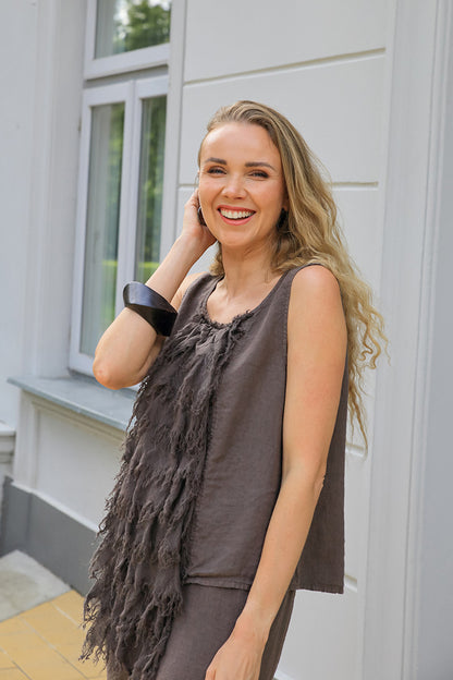 Ruffled Fringed Truffle Linen Blouse 7