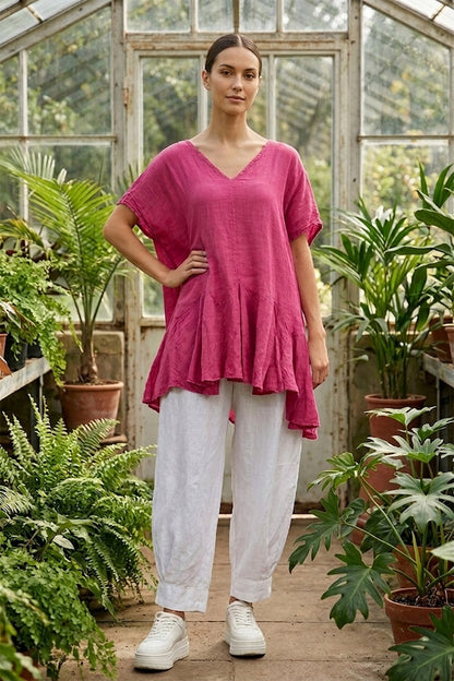 Ruffled Fuchsia Gauze Linen Blouse