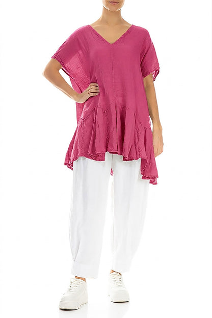 Ruffled Fuchsia Gauze Linen Blouse