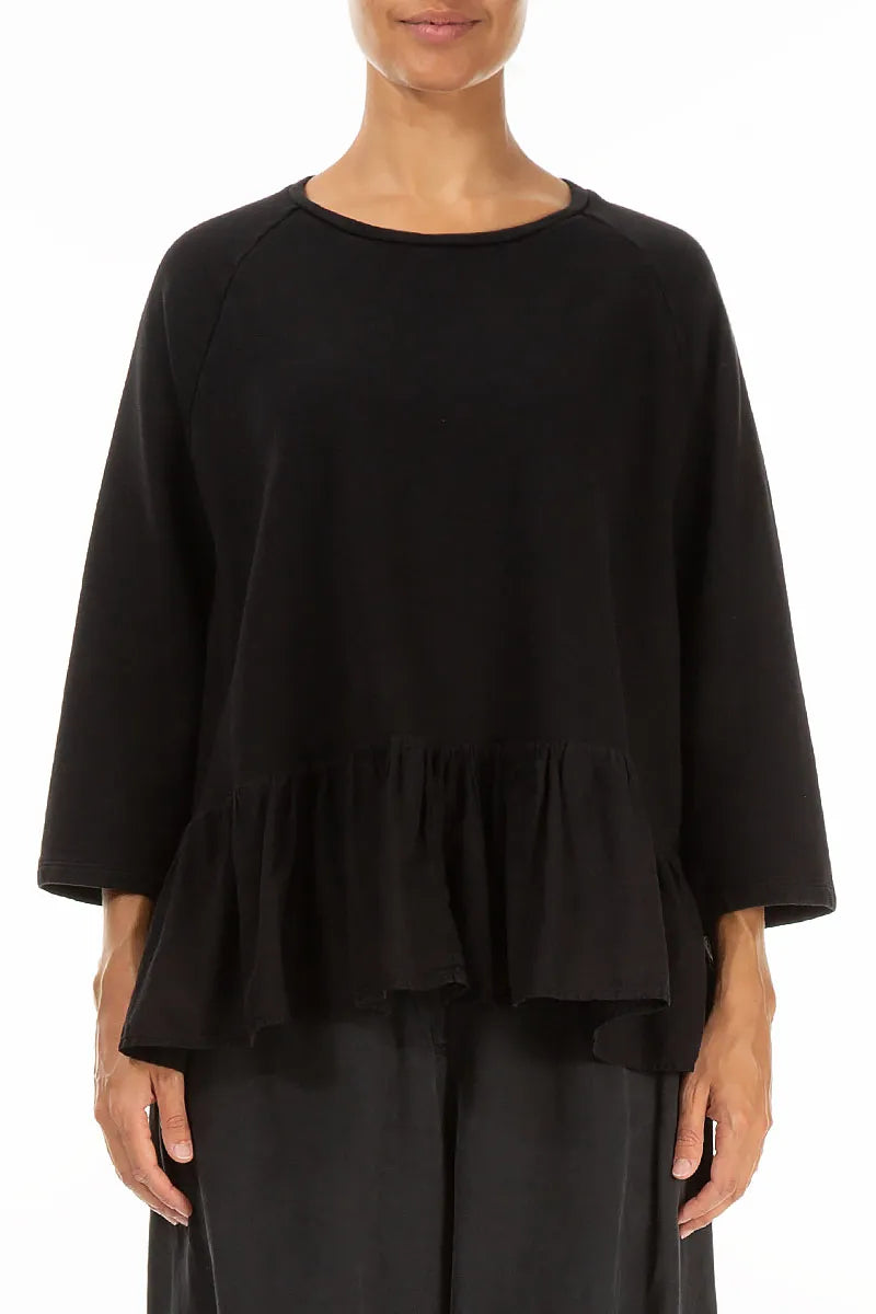 Ruffled Hem Black Cotton Blouse