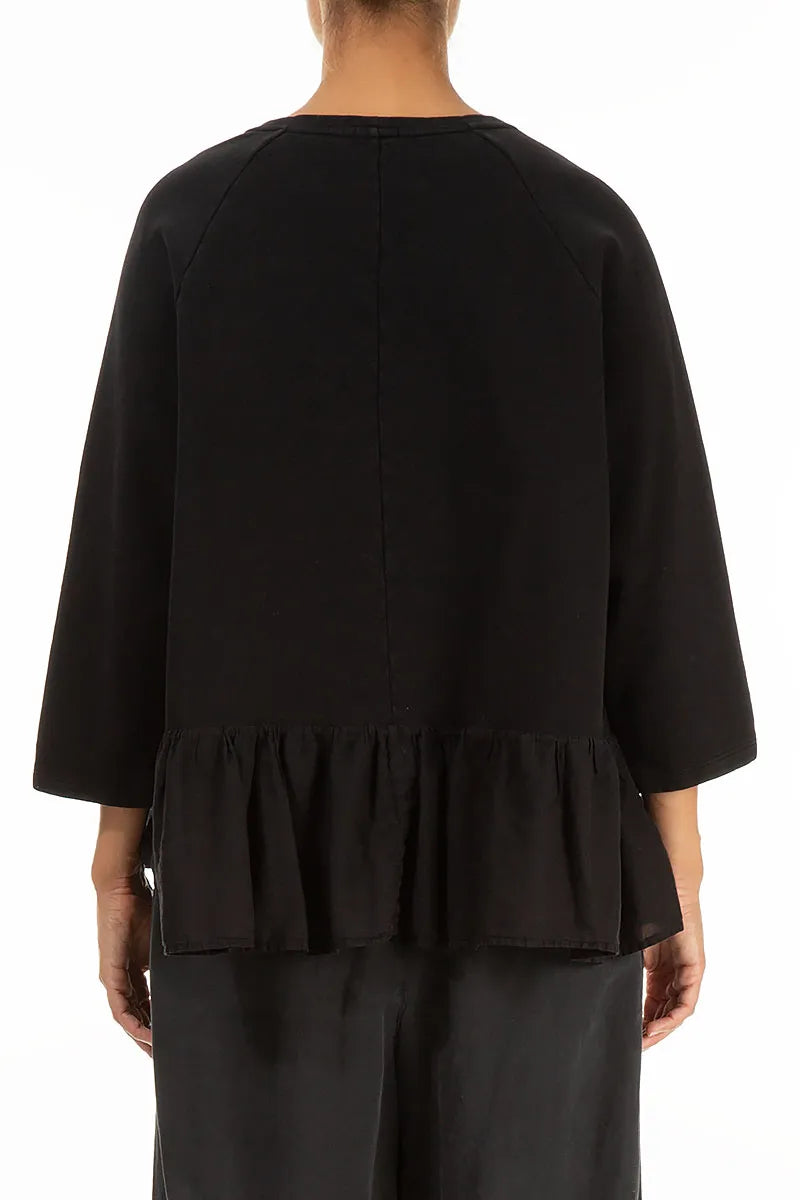 Ruffled Hem Black Cotton Blouse