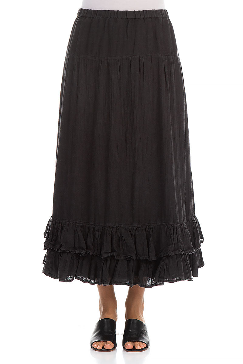 Ruffled Hem Black Gauze Linen Maxi Skirt 1