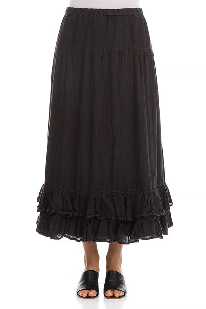 Ruffled Hem Black Gauze Linen Maxi Skirt 1