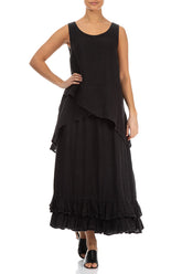 Ruffled Hem Black Gauze Linen Maxi Skirt 4
