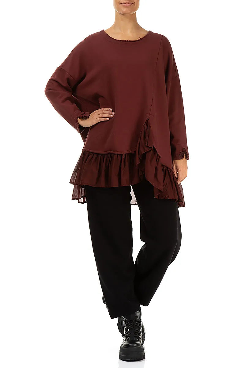 Ruffled Hem Merlot French Terry Cotton Tunic