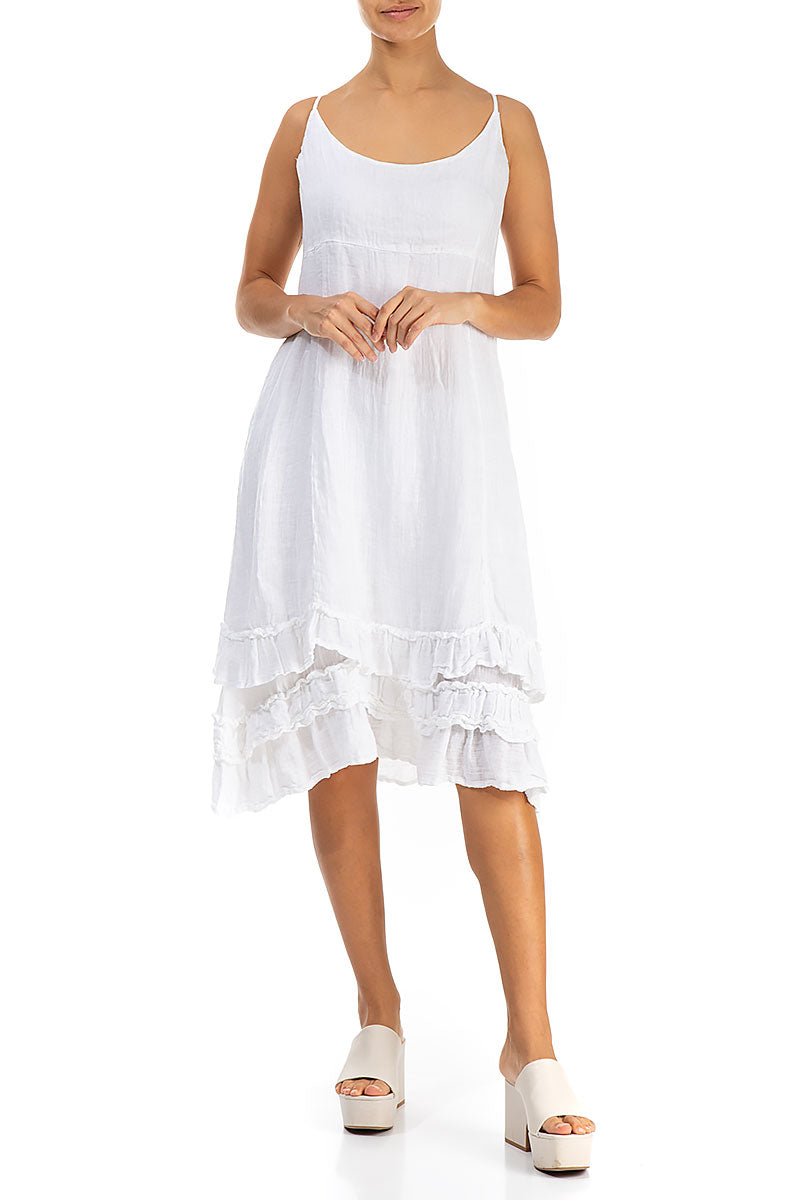 Ruffled Hem White Gauze Linen Dress 4