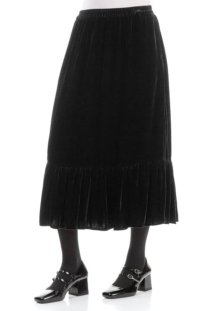 Ruffled Hemline Black Silk Velvet Skirt
