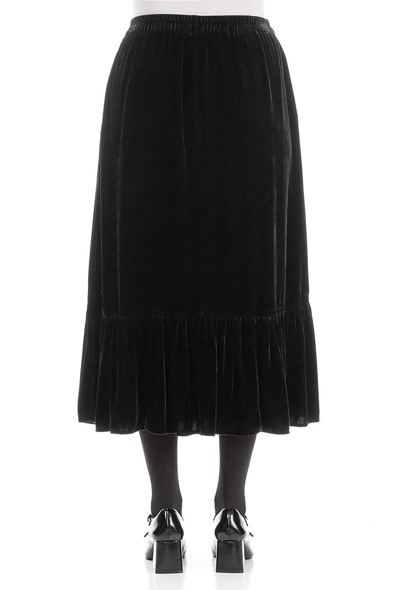 Ruffled Hemline Black Silk Velvet Skirt