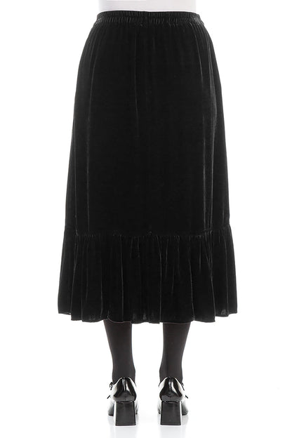 Ruffled Hemline Black Silk Velvet Skirt