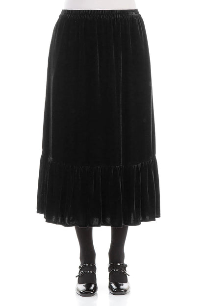 Ruffled Hemline Black Silk Velvet Skirt
