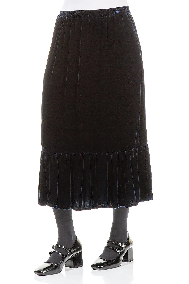 Ruffled Hemline Royal Blue Silk Velvet Skirt