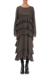 Ruffled Layers Khaki Gauze Linen Dress 1