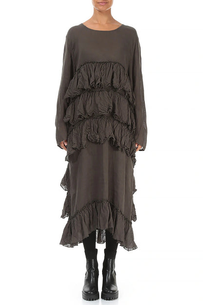 Ruffled Layers Khaki Gauze Linen Dress 1