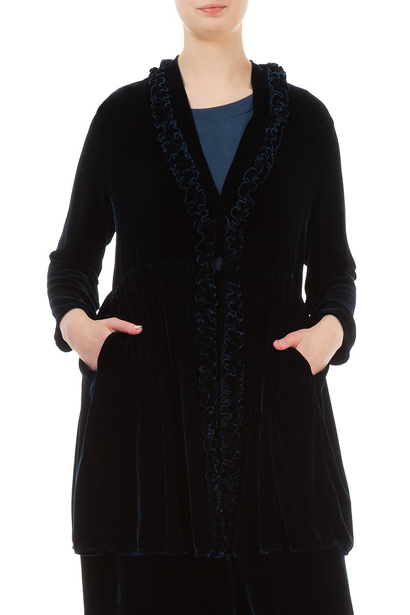 Ruffled Navy Silk Velvet Jacket