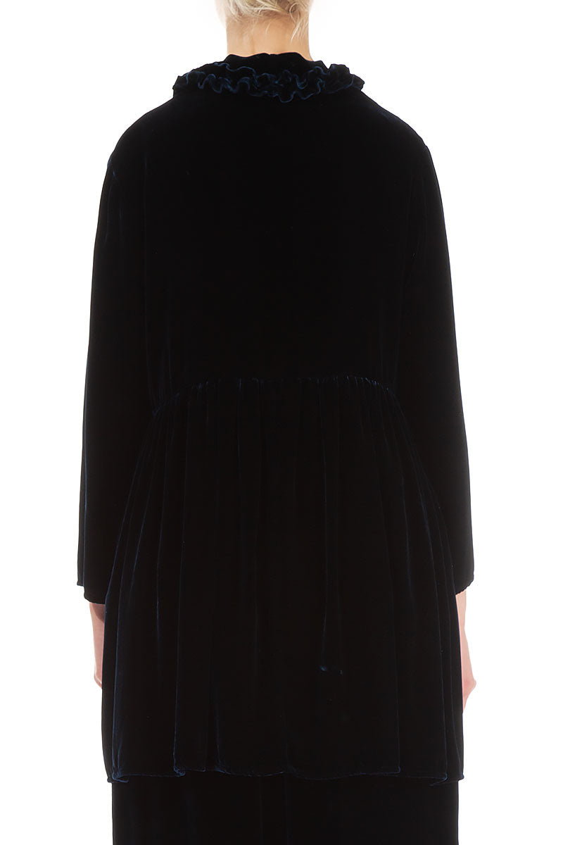 Ruffled Navy Silk Velvet Jacket
