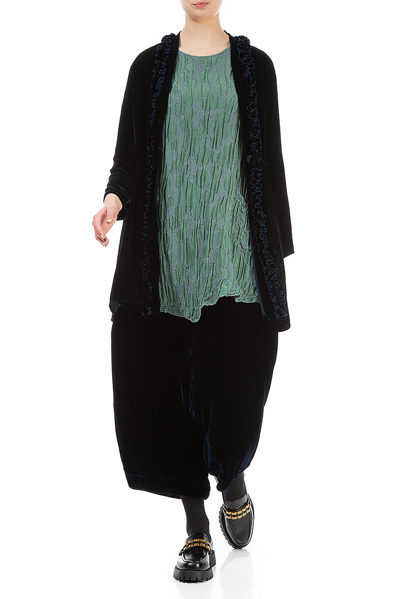 Ruffled Navy Silk Velvet Jacket