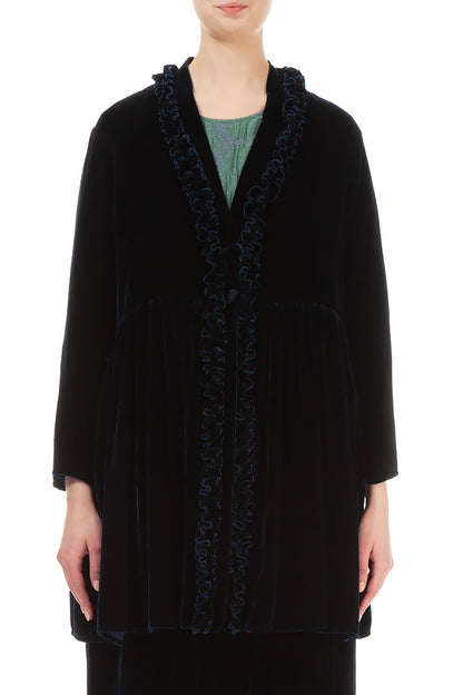 Ruffled Navy Silk Velvet Jacket