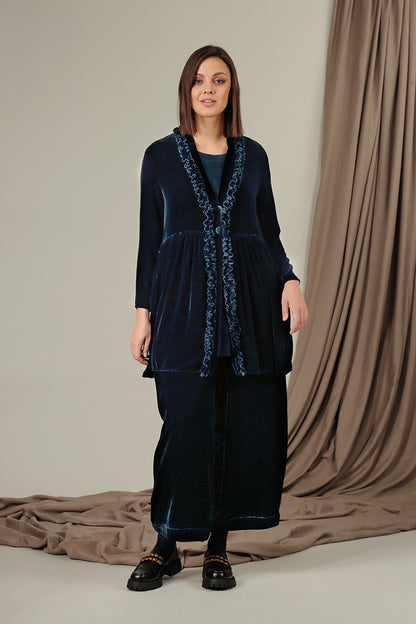 Ruffled Navy Silk Velvet Jacket