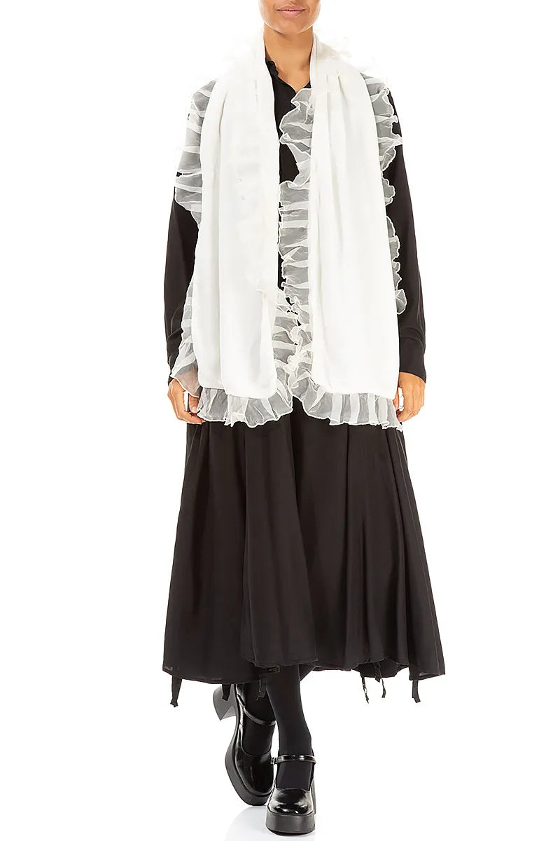 Ruffled Off White Silk Velvet Scarf 2