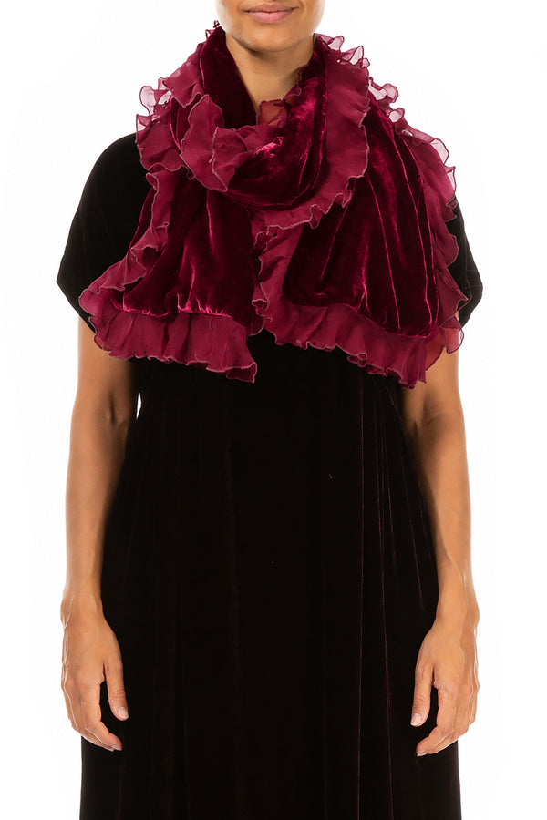Ruffled Ruby Silk Velvet Scarf 1