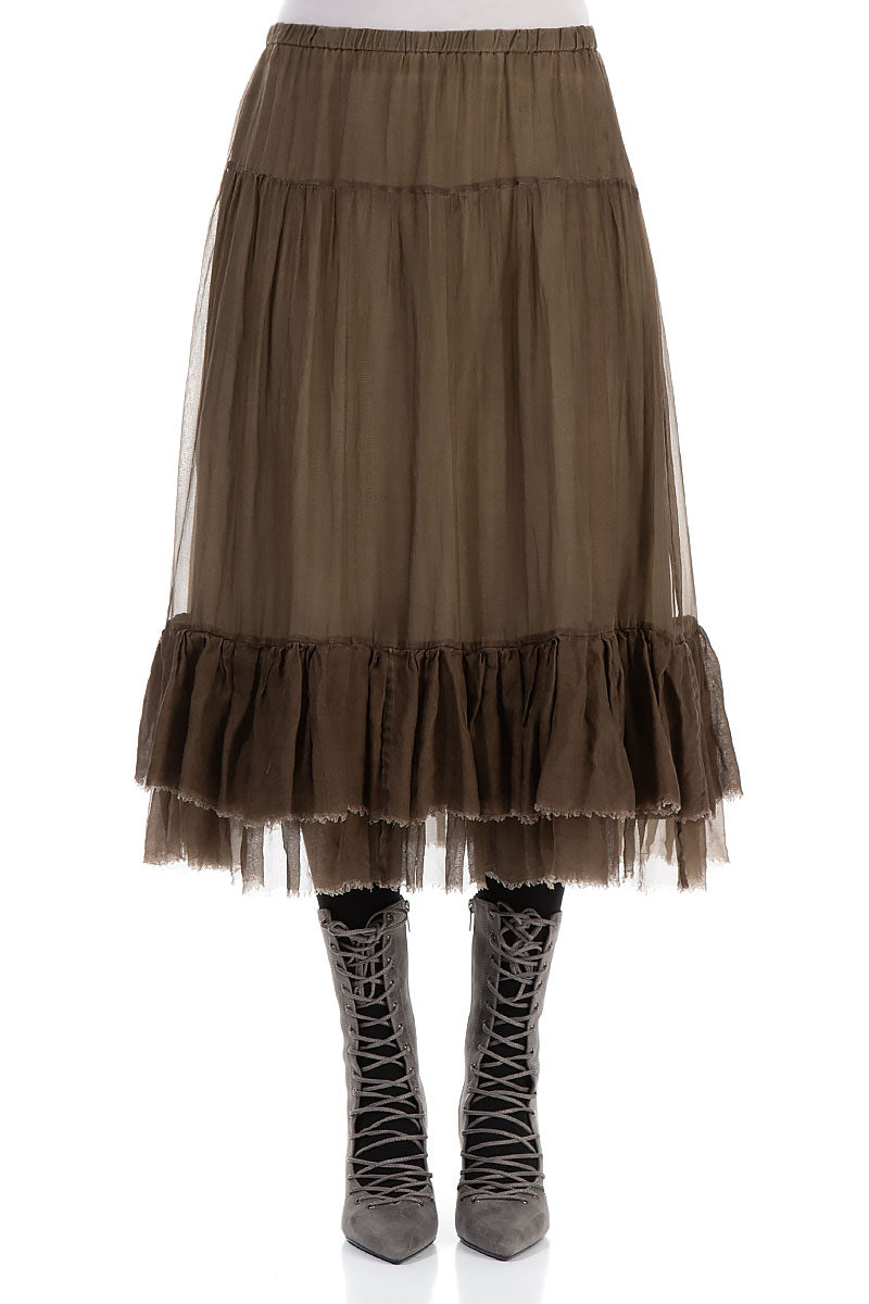 Ruffled Silver Sage Silk Chiffon Midi Skirt 1