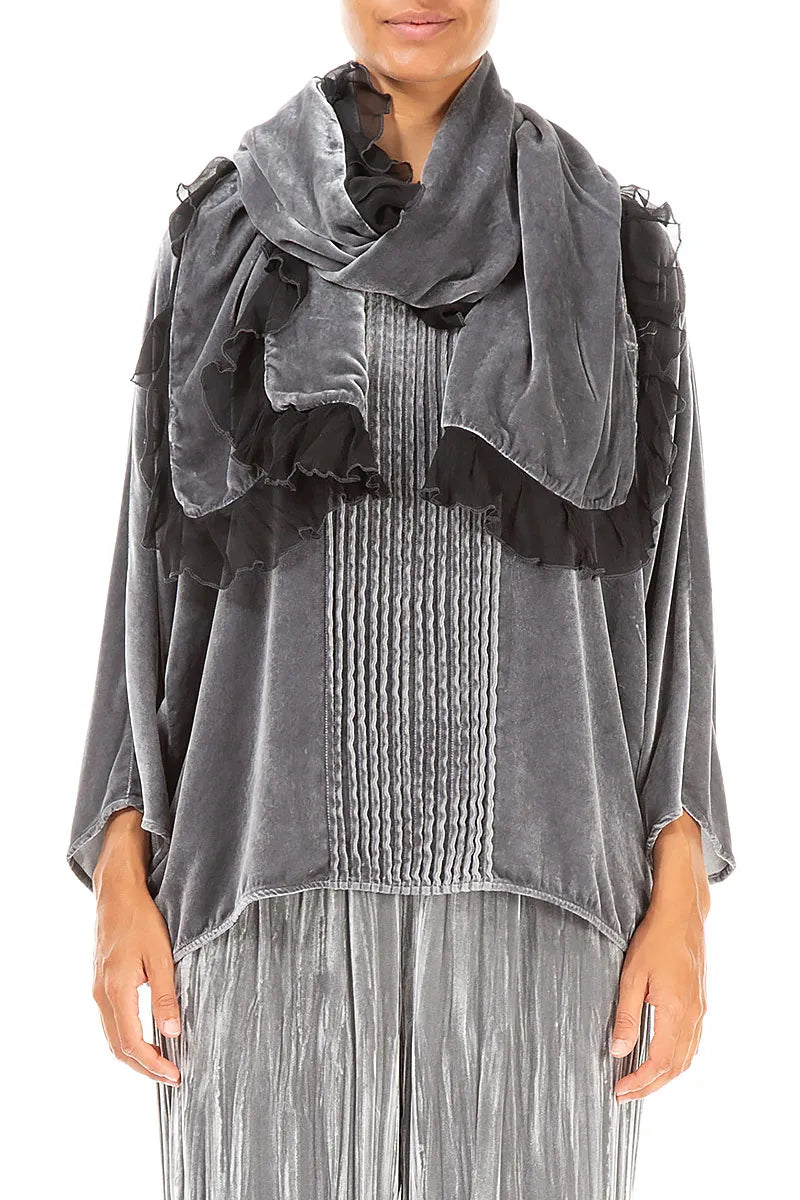 Ruffled Silver Silk Velvet Scarf 1