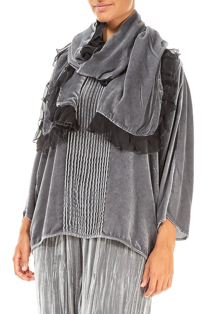 Ruffled Silver Silk Velvet Scarf 3