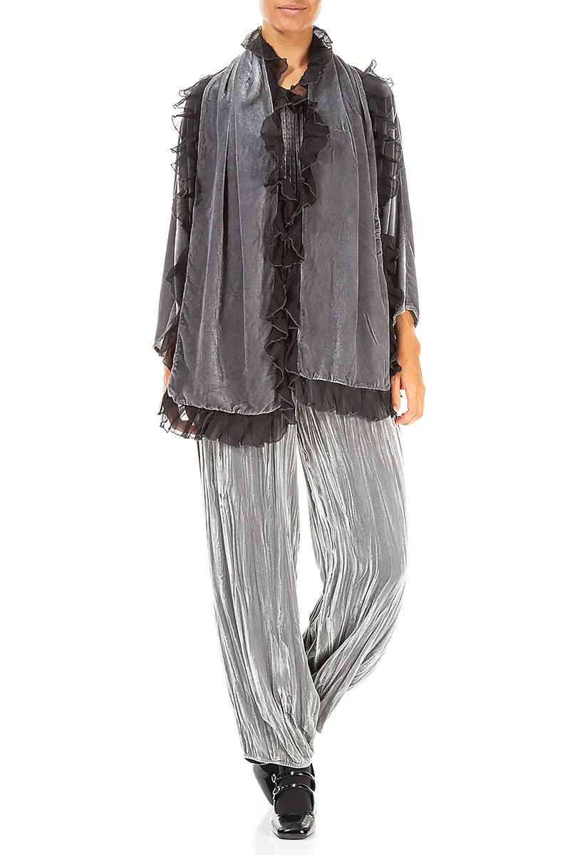 Ruffled Silver Silk Velvet Scarf 2