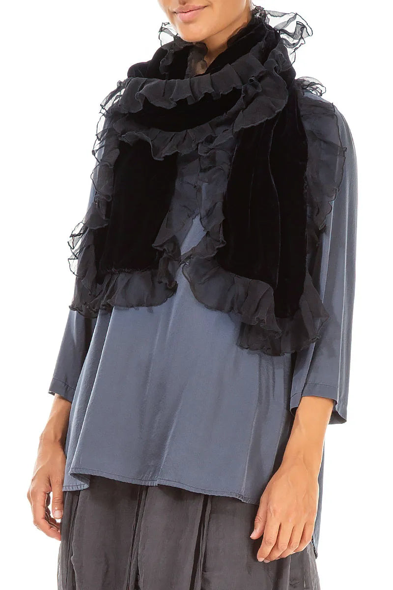 Ruffled Slate Blue Silk Velvet Scarf 3
