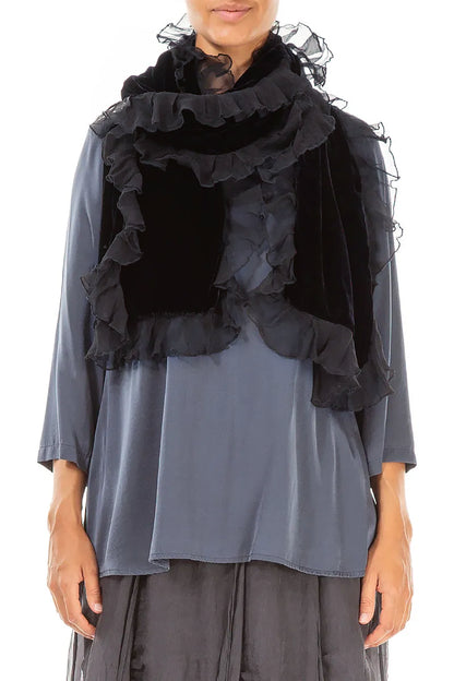 Ruffled Slate Blue Silk Velvet Scarf 1