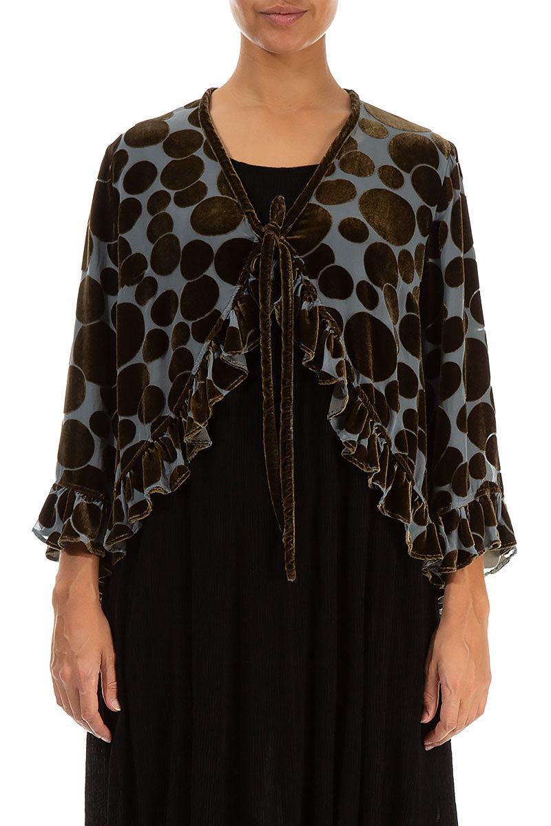 Ruffled Tie-Up Devoré Bubbles Golden Sage Silk Velvet Jacket 2